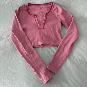 wild fable Pink Ribbed Notch-Neck Cropped Long Sleeve Top